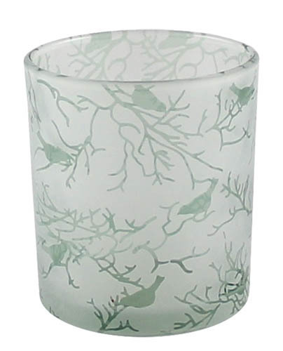 Kaheku Teelichthalter Sparks Glas Frühling Vögel grün d8,5 h10 cm