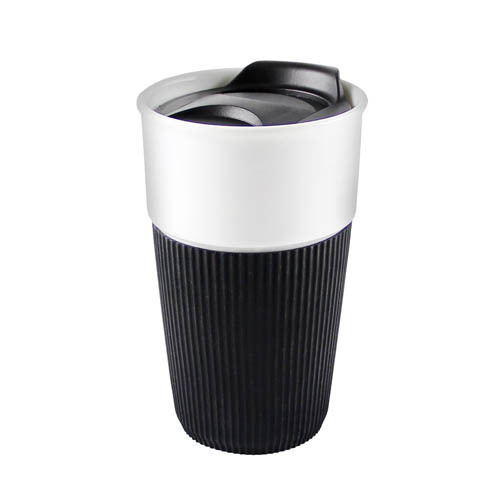 Kaheku Kaffeebecher To Go Porzellan mit Trinkdeckel Soft Grip schwarz 400 ml