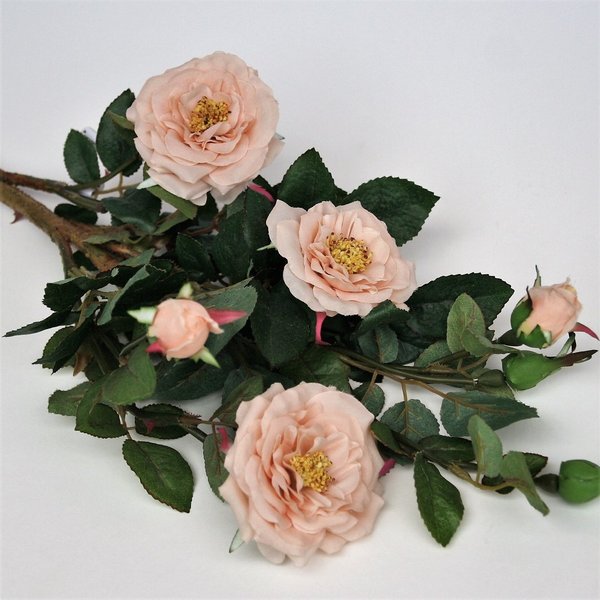 Kunstpflanze Rosenzweig Rosenblüten Knospen aprikot lachs h45 cm