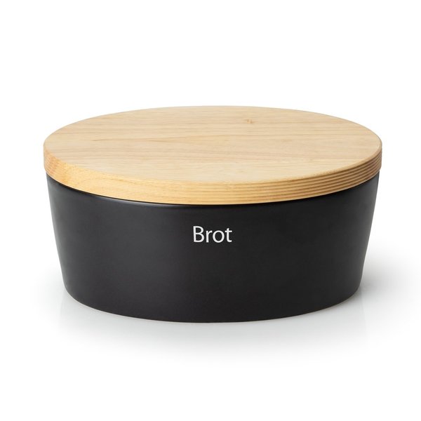 Continenta Brotbox Brottopf Keramik schwarz mit Holzdeckel
