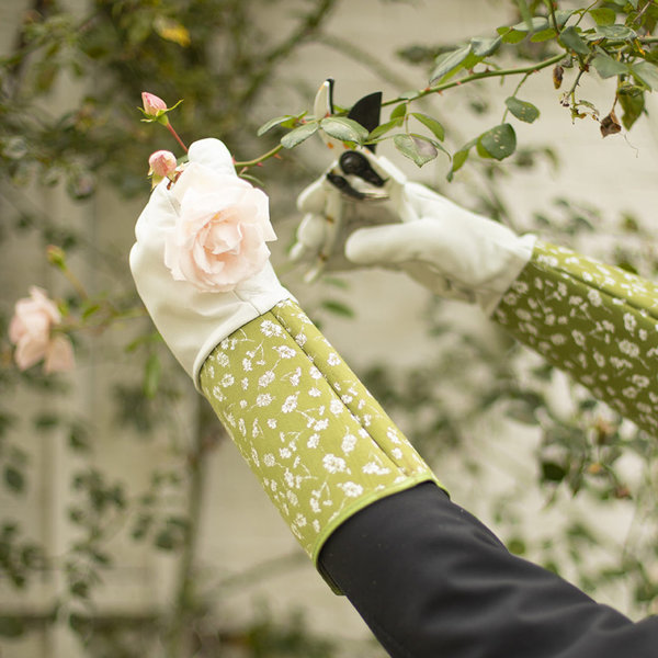 Damen-Rosenhandschuhe mit Stulpe weiß/grün Gr. M