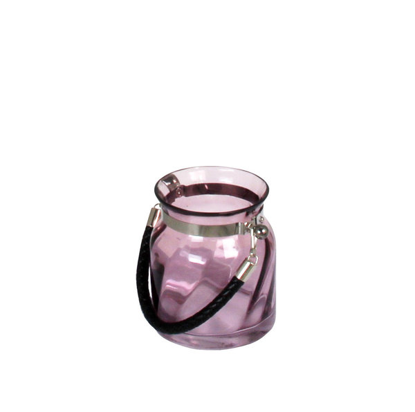 Mini Teelicht-Laterne COMARE Strukturglas rosa mit Seil-Griff